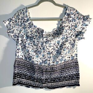 Planet Gold Blue and White Floral Print Gathered off the shoulder top new